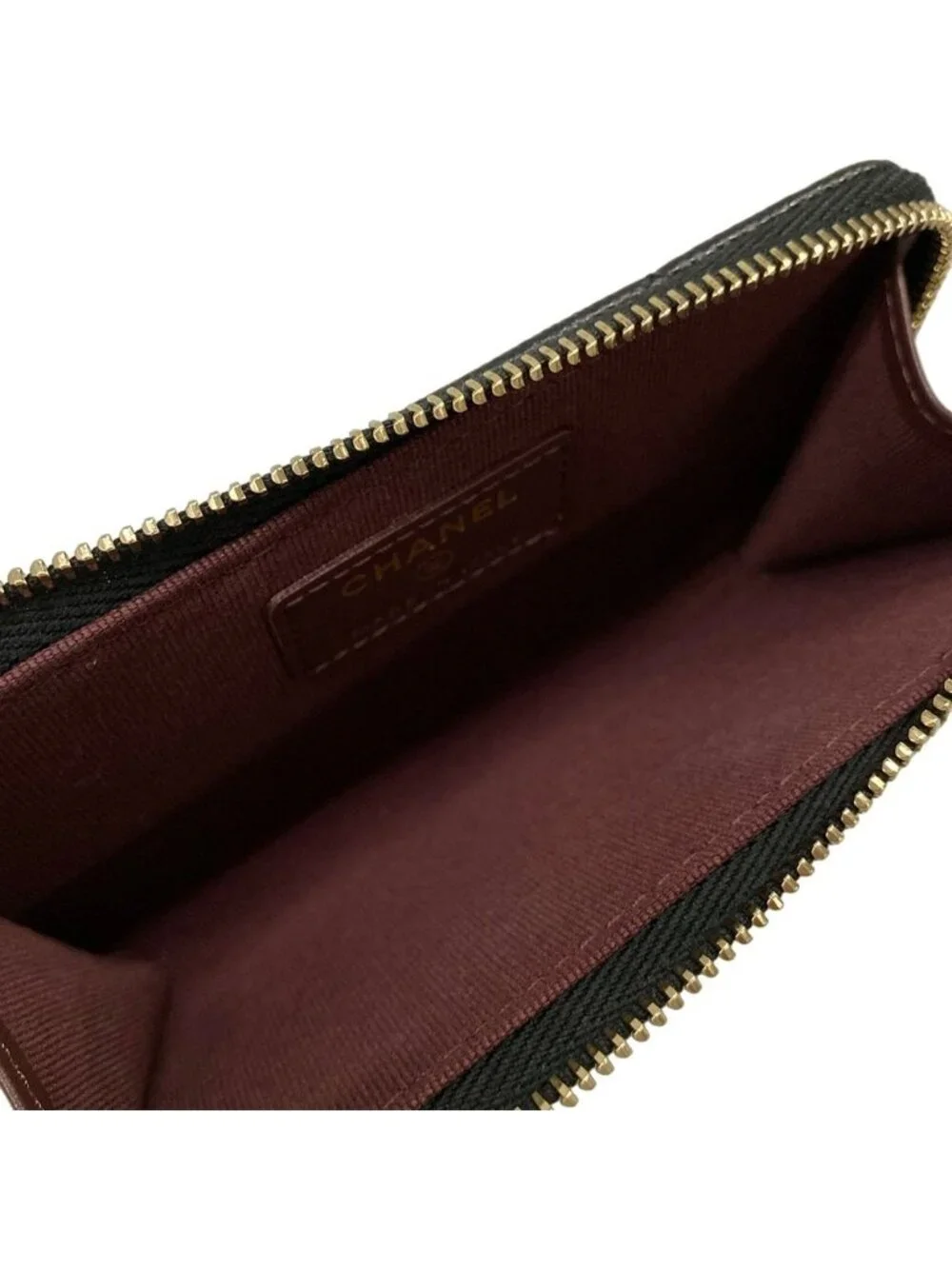 Chanel Coin Purse Classic Zip Card Case Quilted Black Gold CC Logo L-shaped